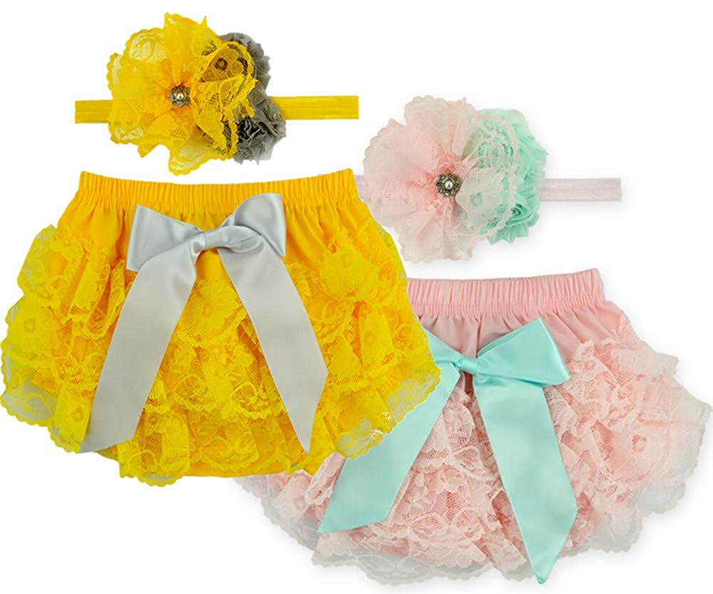 Toptim Baby Girl's Bloomer + Headband Set Lace Diaper Covers (6-12 Months,Yellow Pink)