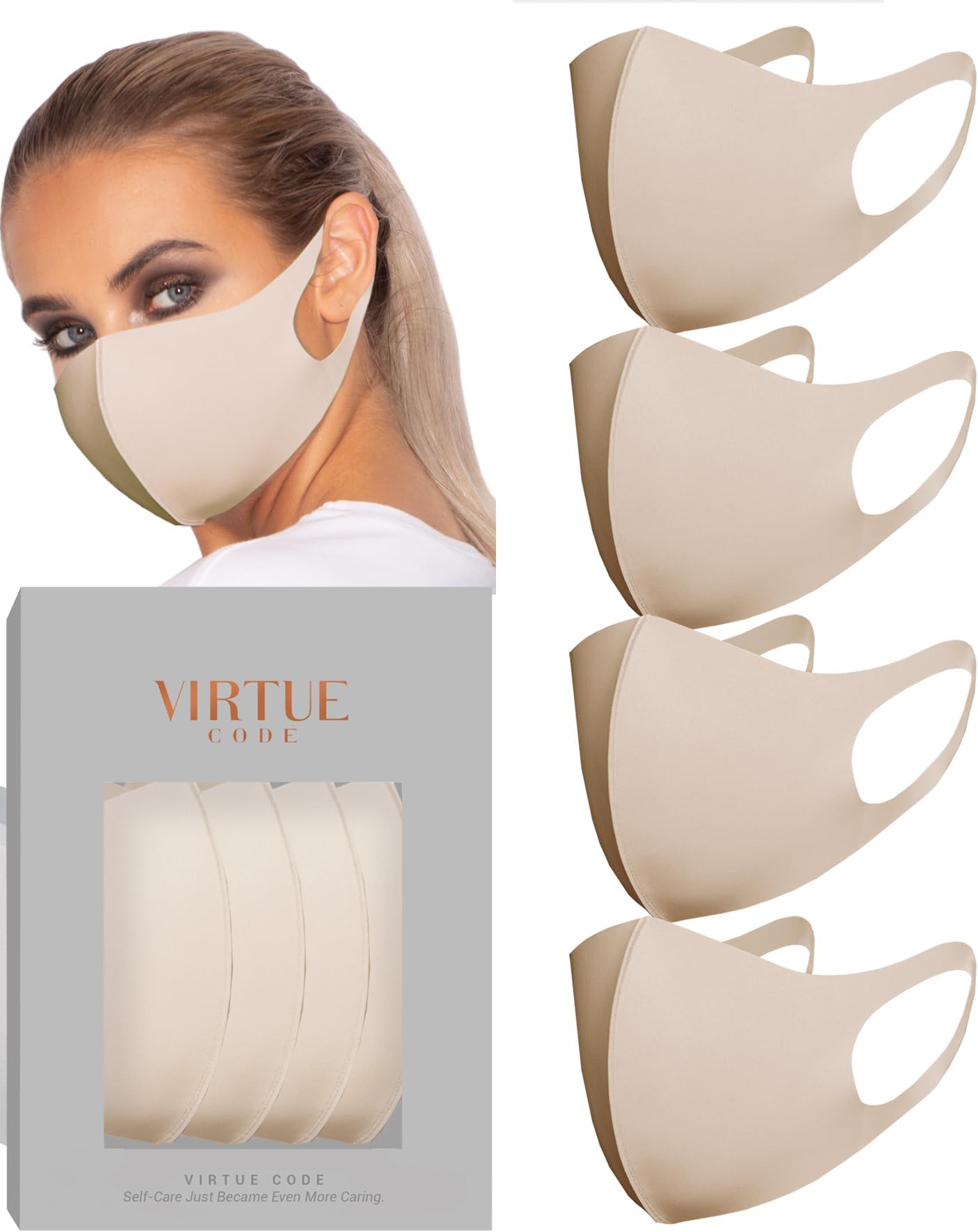 Second Skin BEige Cloth Face Mask Pack with Adjustable Ear Loops. 4 Buttery Soft Masks Washable Fabric - BEige Face Mask Reusable. Stretchy, Comfortable, Fresh Facemask