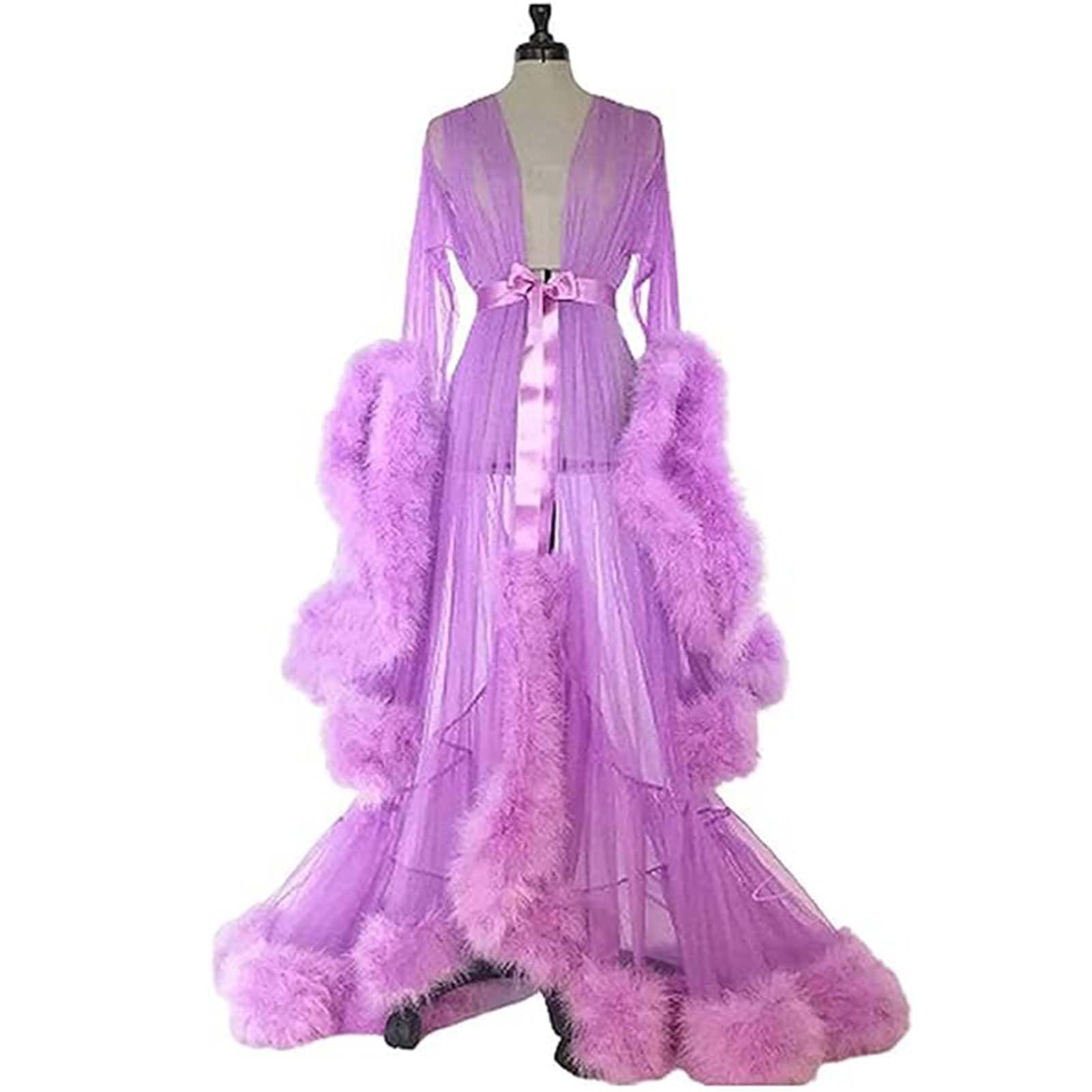 MHNFGDSE Women's Sexy Lingerie Tulle Nightgown Bathrobe Flared Sleeves Nightwear Feather Robe Party Nightwear Kimono Sexy Illusion Christmas Lingerie, F, One Size