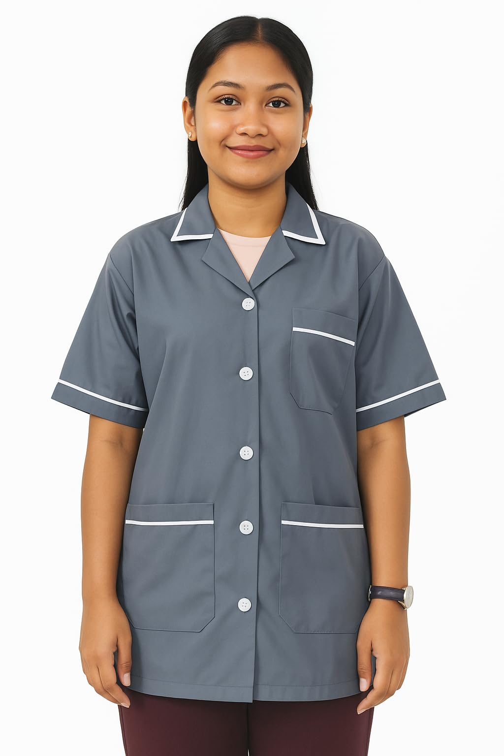 Unisex_3-Pocket Apron | Grey Color | Half Sleeves | V Neck | style with white piping| Comfortable | Durable | Uniform for Medical Professionals (Staff & Nursing)-picture-13