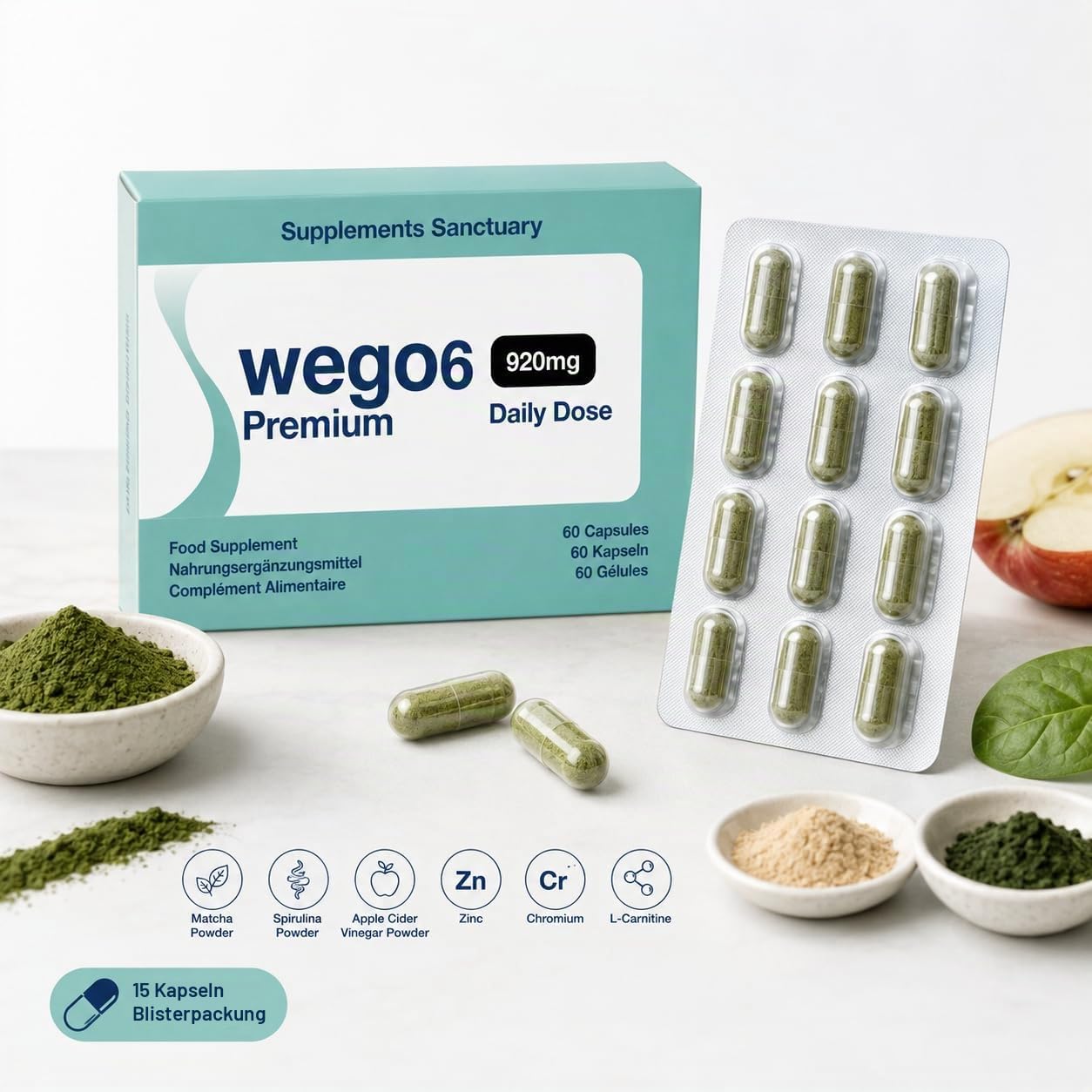 Nahrungsergänzungsmittel – 3er Pack | Zink, Chrom, L-Carnitin, Apfelessig, Matcha & Spirulina | 180 Kapseln