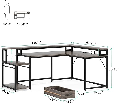 Miniatura 3 de Escritorio industrial en forma de L de 68 pulgadas con tomas de corriente, escritorio de esquina con cajón de almacenamiento y soporte para monitor,