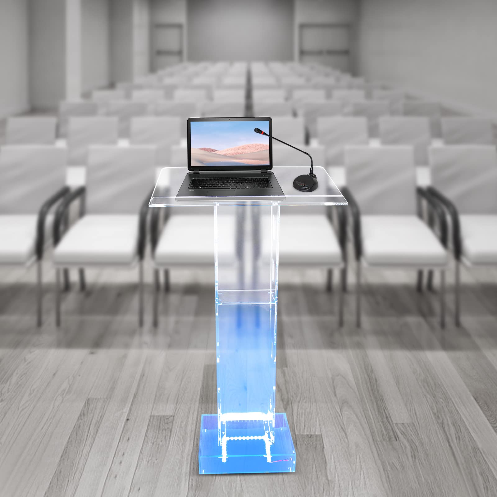 Lucite Podium en Acrylique Transparent Chaire D'église Podium Transparent Table de Conférence Podium en Acrylique avec Lumière LED Bleue,Convient pour église, école, Ambassade, Scène