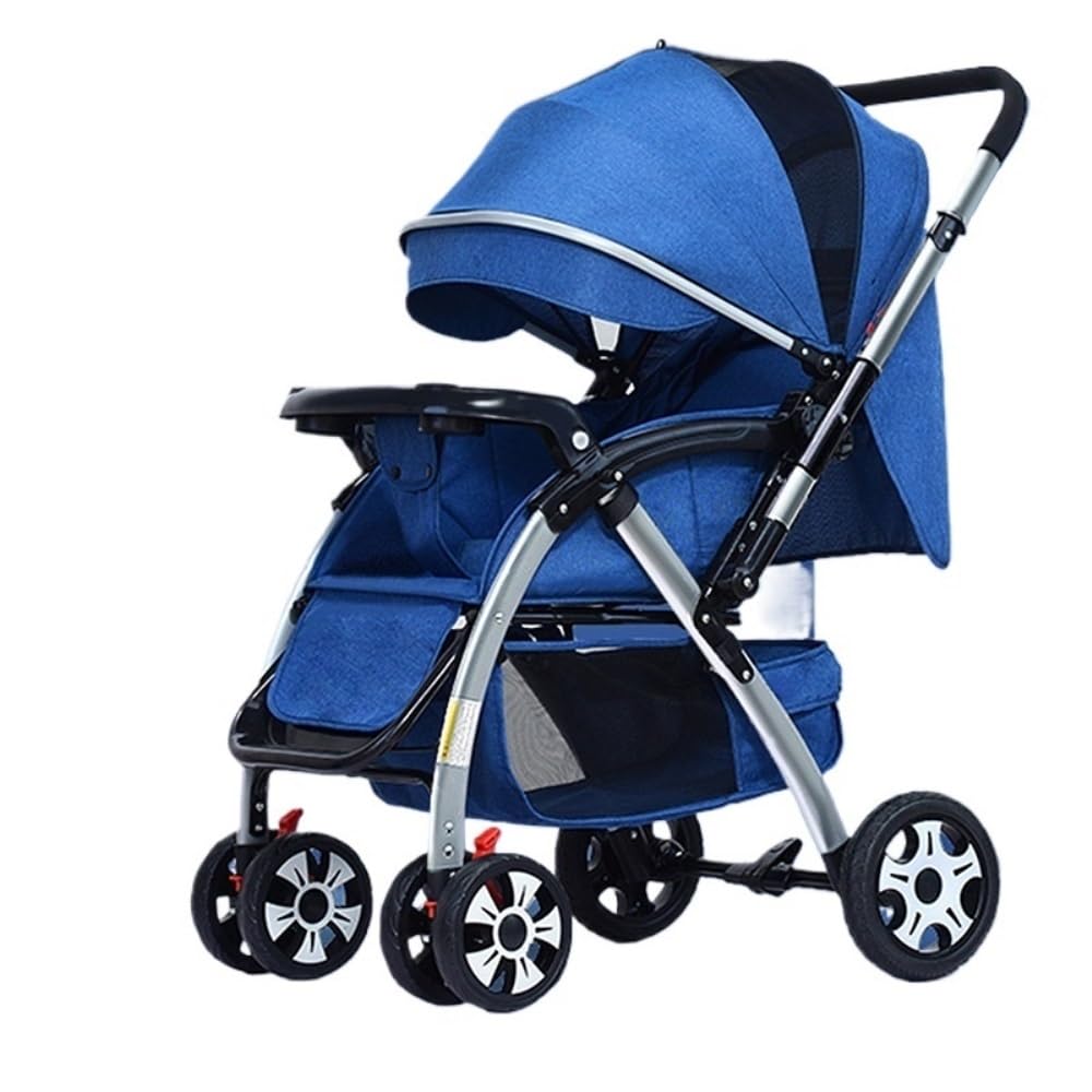 Lyp-Deineomgs Blue Light Blocking Reclining Pushchair Pushchair With Sunshade Pram With Basket Foldable Stroller Portable Folding Stroller Spacious Pushchair Spacious Sun Protected Pushchair Lie Flat Pushchair(Blue)