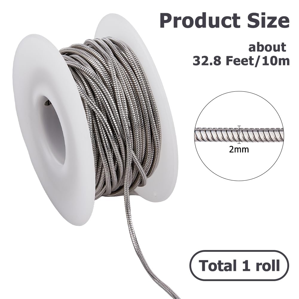 1 rotolo da 10 m argento rotondo catena serpente 2 mm 304 catene a serpente in acciaio inox rotondo non trattato, per gioielli, collane, bracciali, orecchini, fai da te