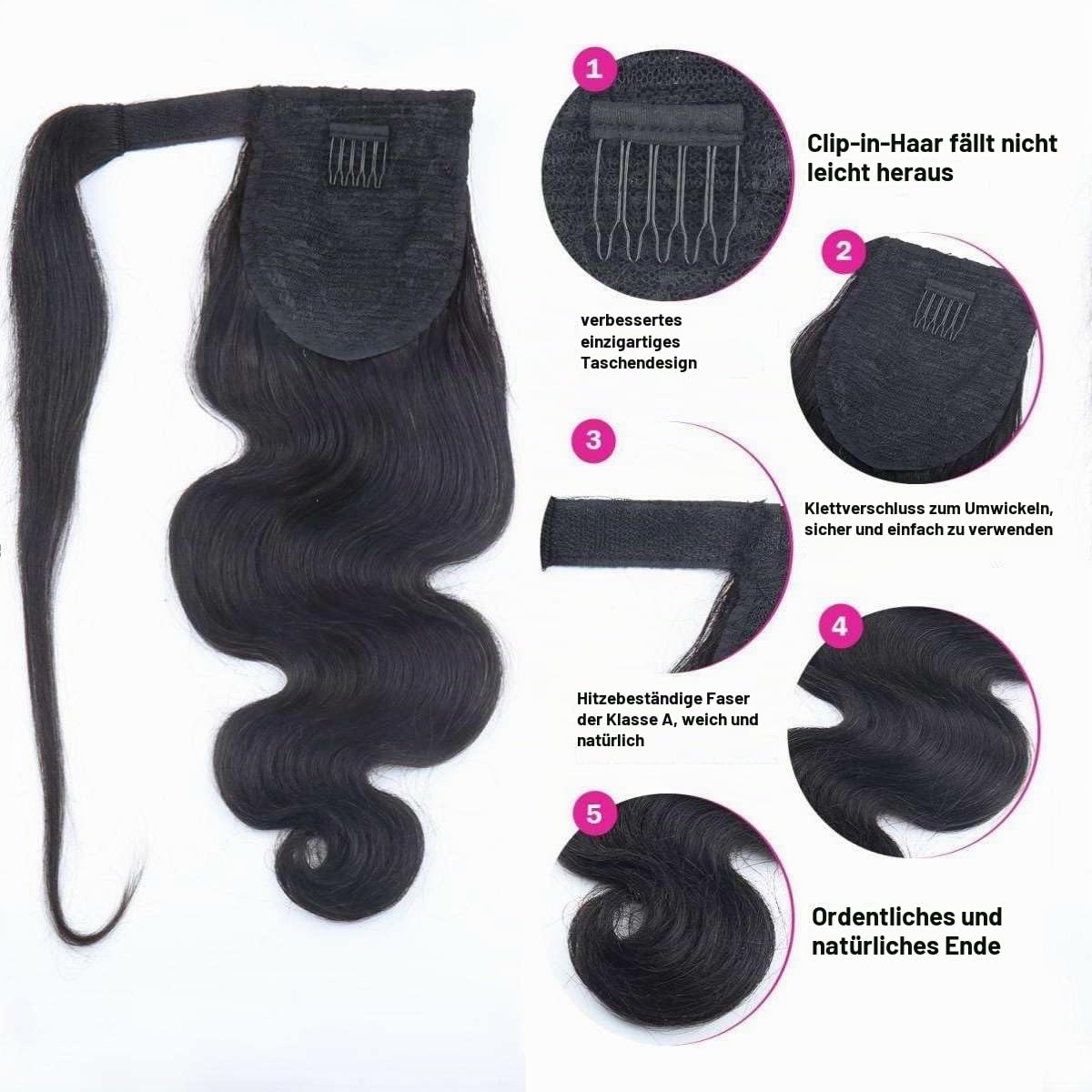 Gewellte Echthaar Ponytail Extensions 55cm 22 Zoll 120g, Body Wave Pferdeschwanz Haarverlängerung Naturschwarz, Clip in Wrap Around Zopf Extensions Echthaar für Damen, Hitzebeständig