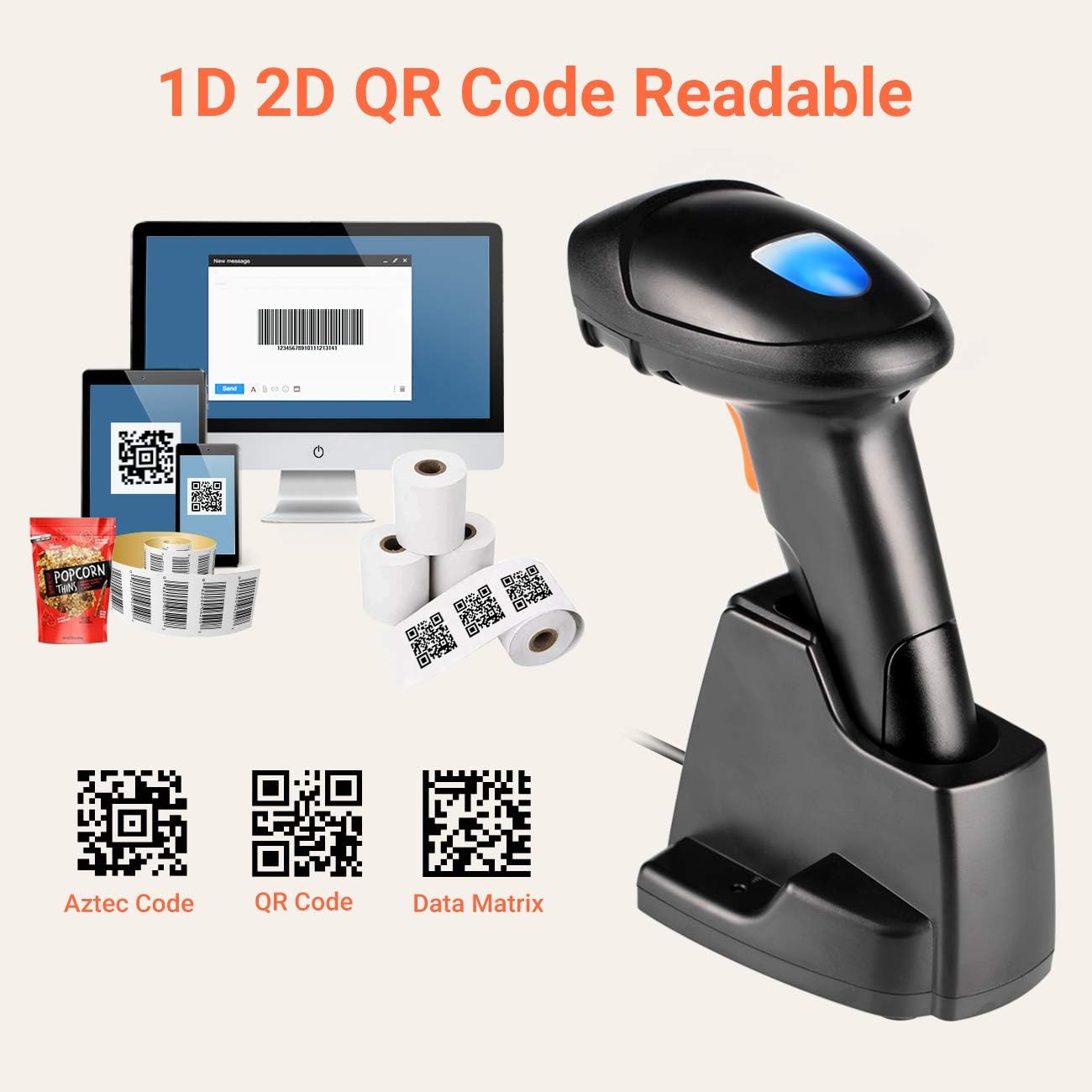 Tera Pro Series Lector de código de Barras con cámara de 1 MP Escáner de código de Barras 2D QR 1D Escaneo de Alta Velocidad Inalámbrico 2.4G y Bluetooth con estación de Carga, HW0007 Naranja