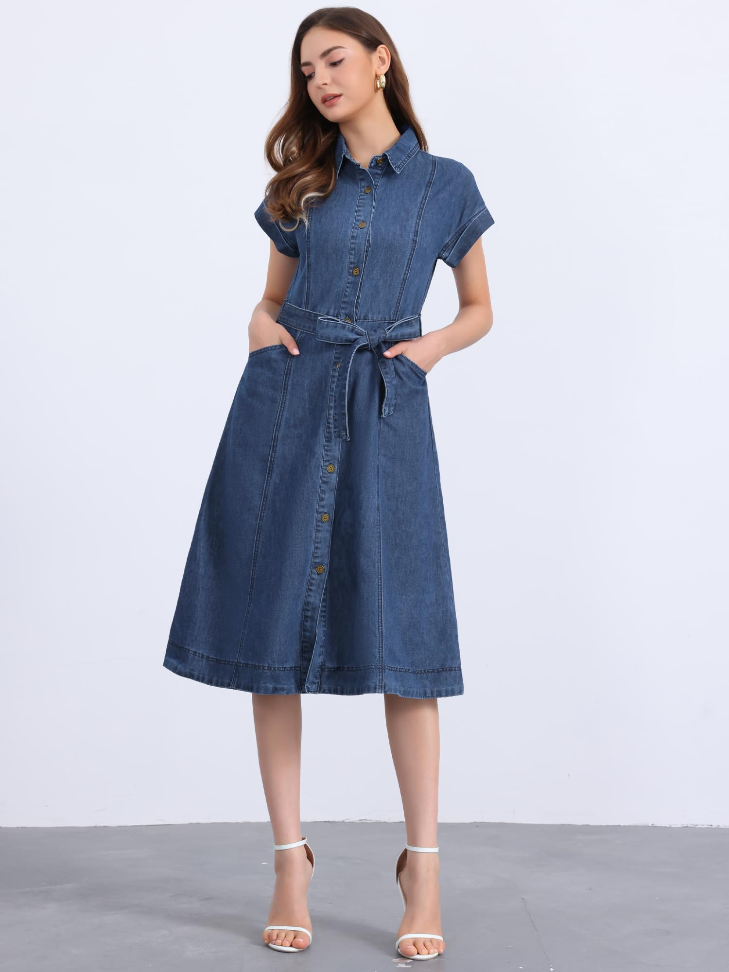 Allegra K Vestido camisero de mezclilla para mujer, casual, con botones, manga corta, cinturón, vestido midi de mezclilla 2025, trajes de moda