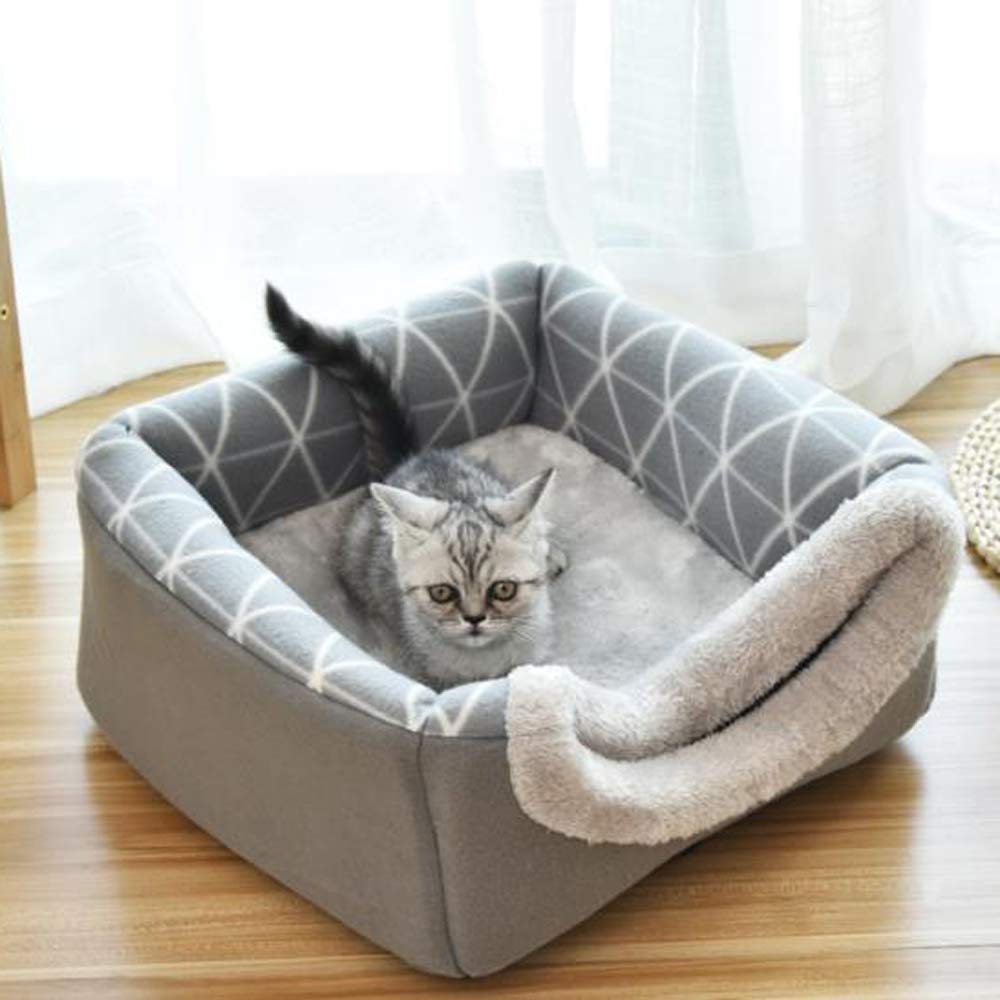 سرير ومنزل بشكل مكعب للقطط والكلاب صغير الحجم نصف مغلق من القطيفة والقطن المنفوش المقاوم للاهتراء والعض