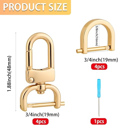 Miniatura 2 de 4 piezas de cierre giratorio de gancho desmontable con 4 anillos en D atornillados para reemplazo de correa de bolso de bricolaje (dorado, 34