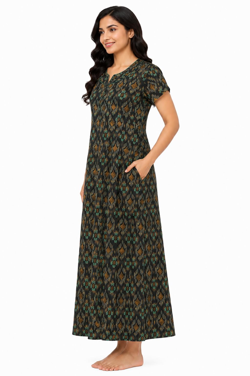 Women's Pure Cotton Printed Nighty | Full Length Maxi Night Gown | Soft & Breathable | Front Zip Neck | Short Sleeve - XXL | Dark Charcoal Grey Ethnic Print-image-2