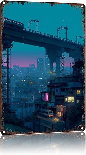 Cartel de metal vintage Cyberpunk Cityscape divertido Vaporwave Night Street Poster Retro Pixel Aluminio 8x12 pulgadas para baño, sala de estar,