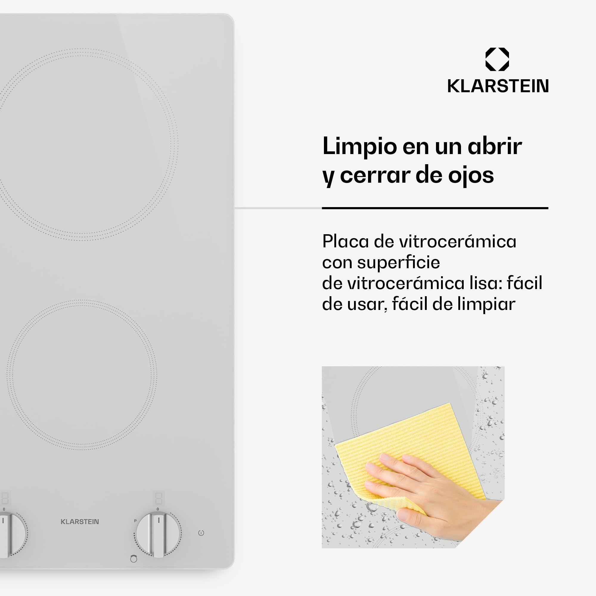 Klarstein Placa Inducción, 30cm - 2 Zonas, 3500W Boost, Mando Giratorio, Indicador Calor Residual, Protección Sobrecalentamiento, Superficie Cristal, Cocina Compacta