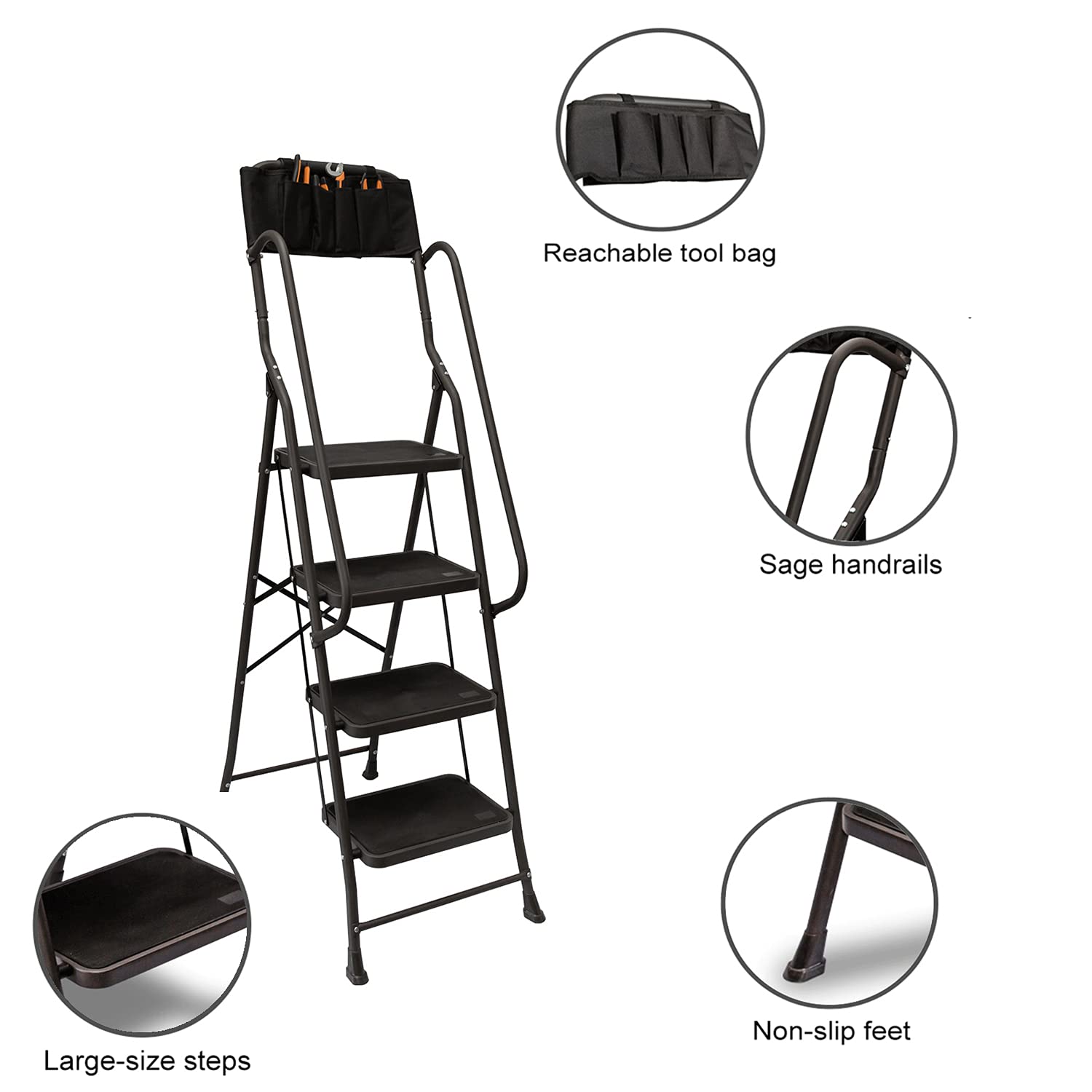 Buy FOOWIN Step Ladder, 4 Step Folding Ladder with Handrails, Portable Steel Step Stool Wide