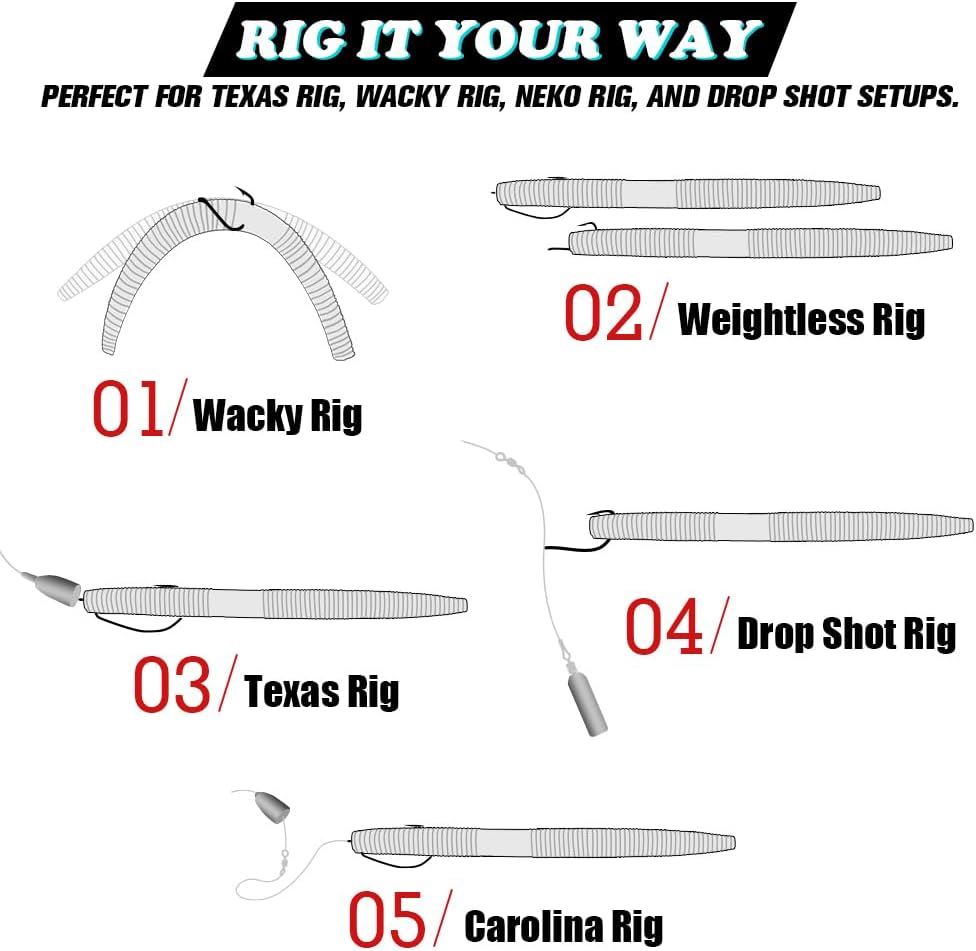 Wacky Worms Soft Plastic for Bass Fishing Lures–100 Pack 4" & 5" Stick Baits Wacky, Texas, Neko & Drop Shot Rigs–Bulk Soft Lure