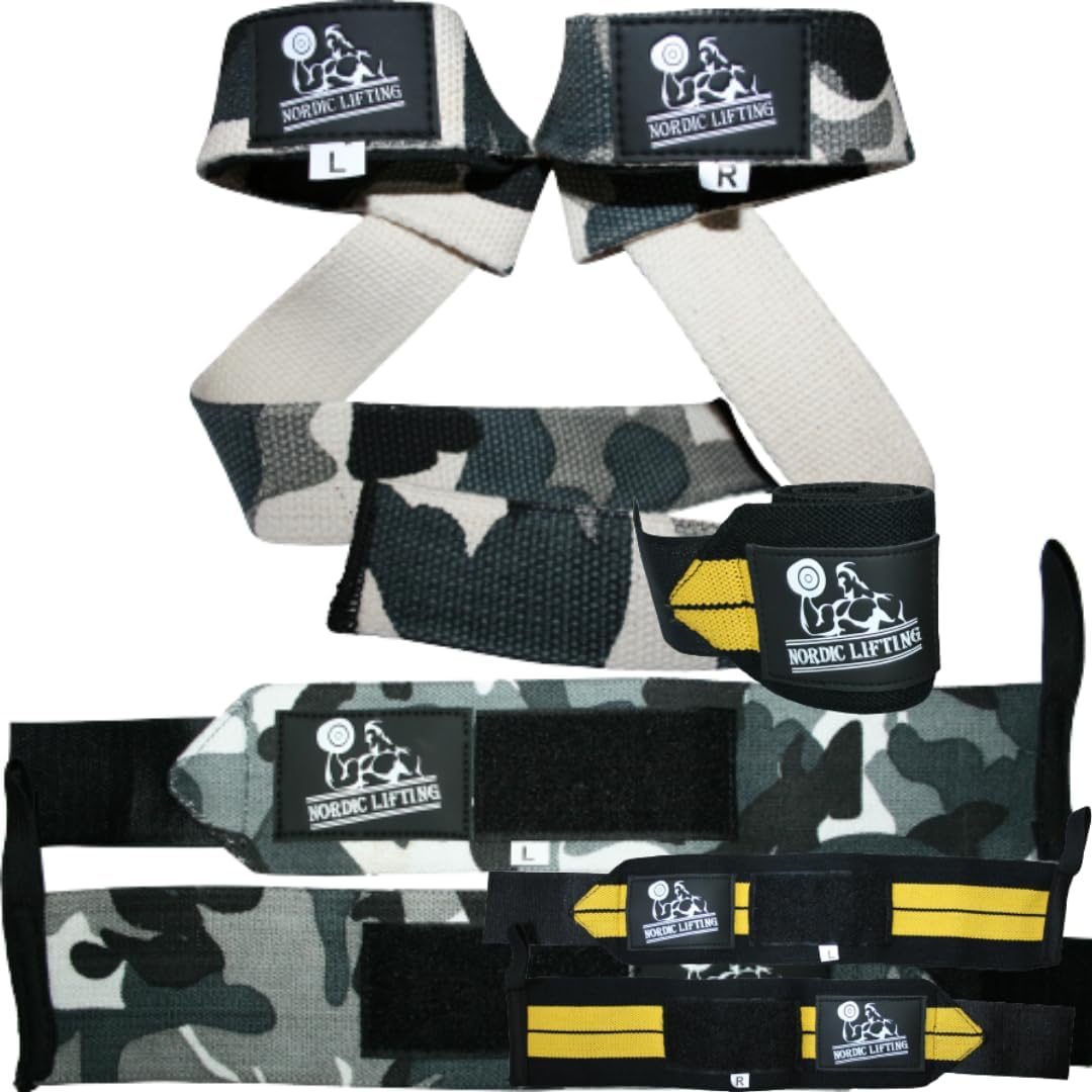 Wrist Wraps & Lifting Straps - Camo Grey Bundle with Wrist Wraps 1p - Yellow