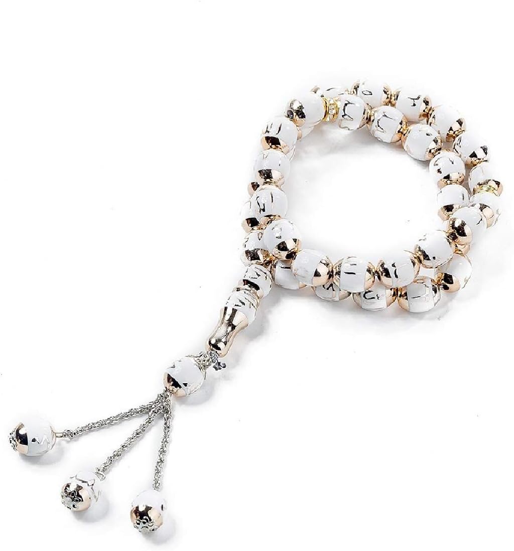 Sandala 33-Prayer Tasbih Beads Islamic Muslim Allah Muhammad- 12mm Rosary with Portable Bag (33×12mm, White)
