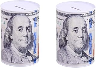 2 Pack $100 Dollar Bill Piggy Bank 6" Tall Coin Saving Money Currency Benjamin Franklin C Note Tin Can Banknote Jar, Coin Bank