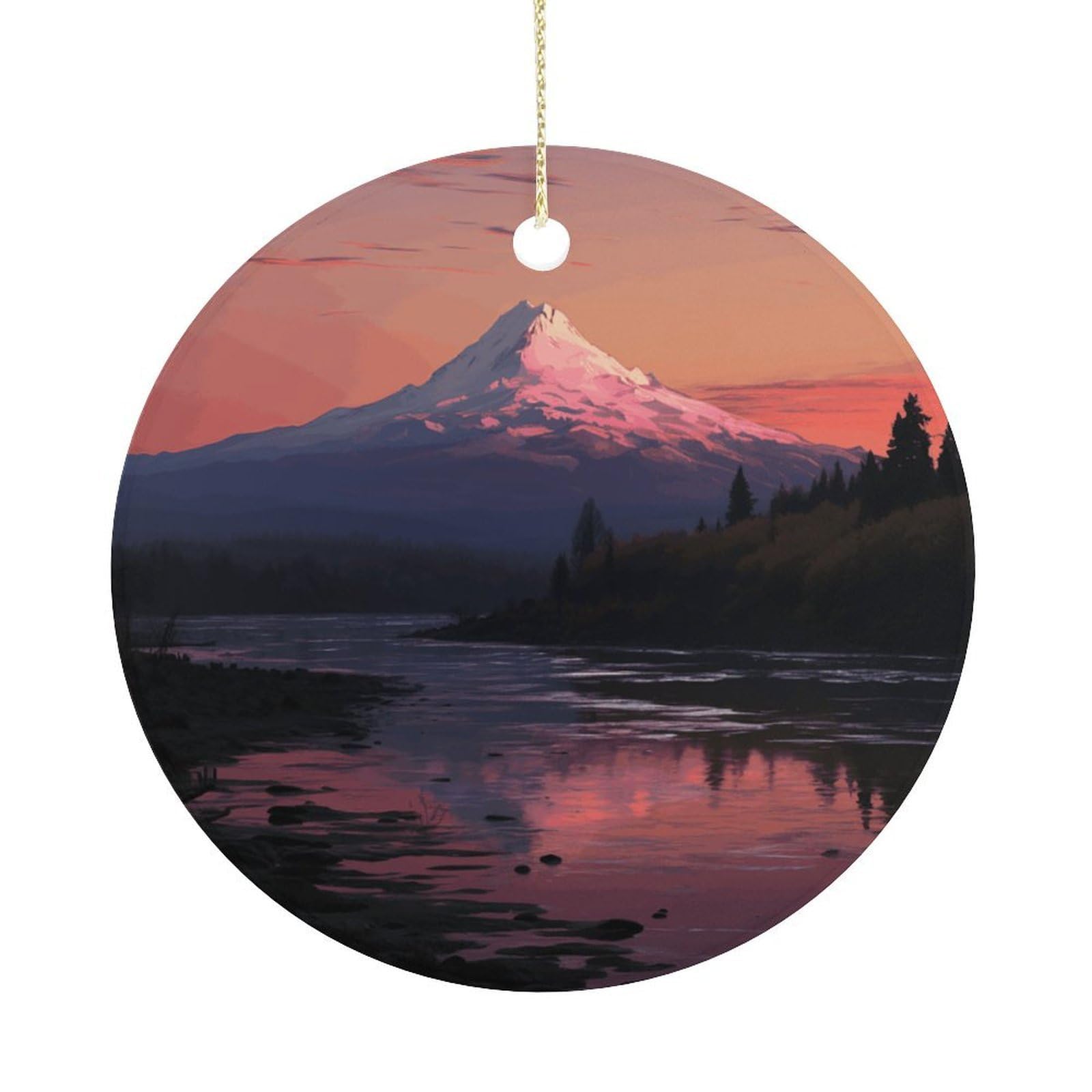 Sunset Landscape Mountains Lake Christmas Ornaments Colorful Round Ceramic Ornament Christmas Hanging Decor Christmas Tree Decorations Xmas Keepsake for Women Men Xmas Holiday Party