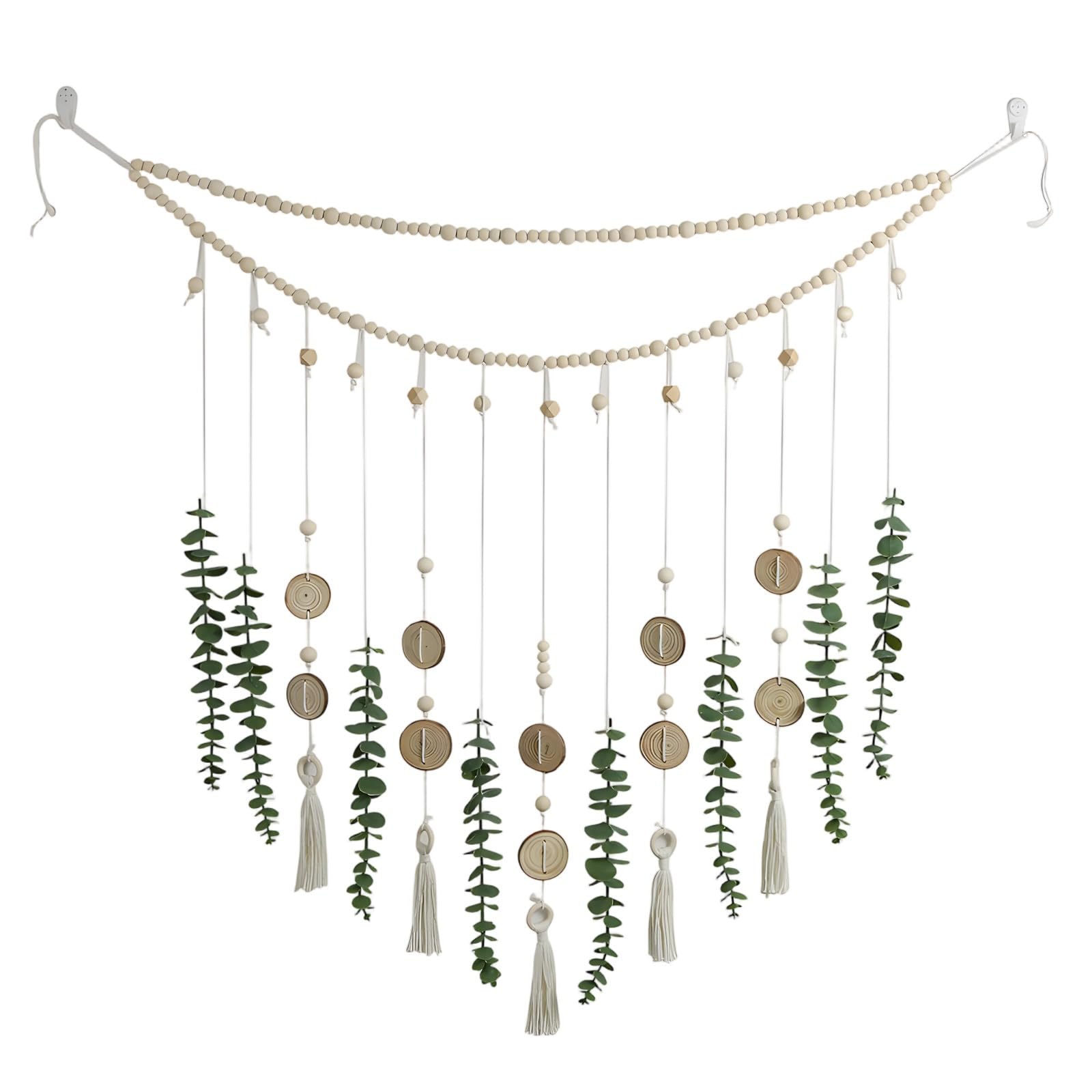Decoración para colgar en la pared de eucalipto, tapiz grande de macramé de 78 cm, arte bohemio de pared con hojas verdes sintéticas, cuentas de madera y rodajas para decoración del hogar, apartamento