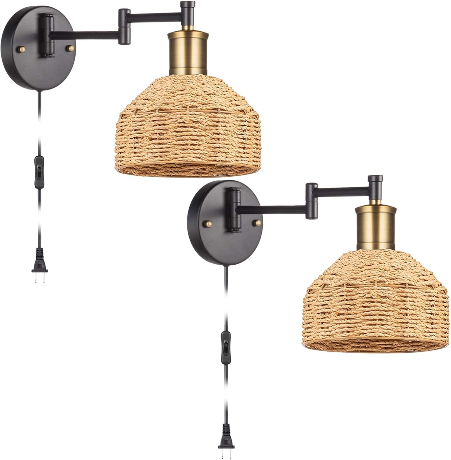 Plug in Wall Sconces, Swing Arm Wall Lamp with Natural Paper String Lampshade Set of 2, Bronze Head, Vintage Adjustable Wall Mounted Sconce Wall Light Fixture for Bedroom,Bedside,Kitchen,Living Room Matte black+Bronze head