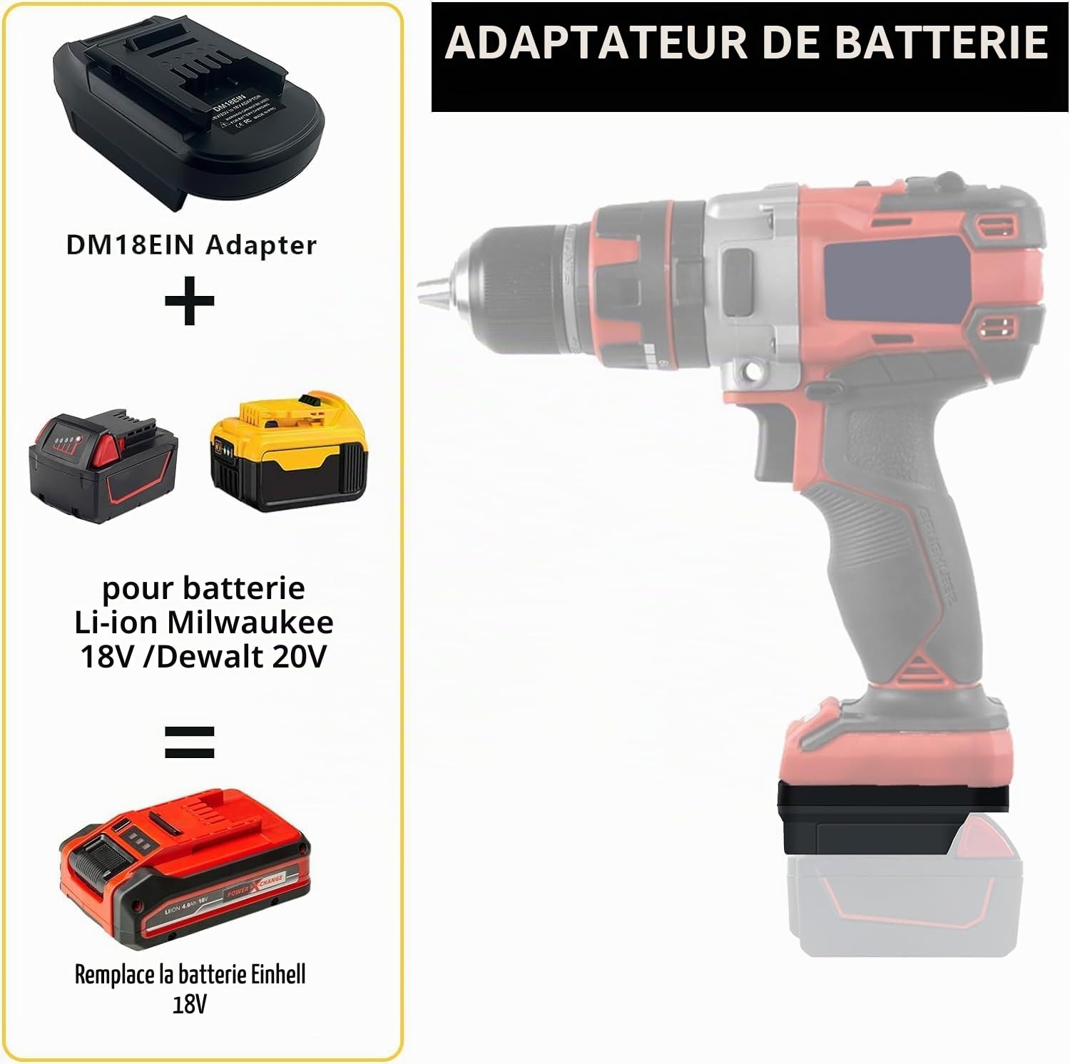 DM18EIN Adaptateur de Batterie pour Outils électriques Einhell 18 V, convertisseur pour Batterie Dewalt 20 V et Milwaukee18 V en Remplacement de la Batterie Einhell 18 V (Pas de Batterie)