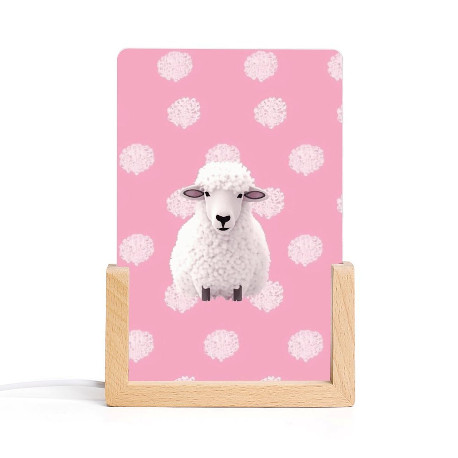 JTREHY Acrylic Night Light,White Sheep on Background Printed Wooden Base LED Night Light Modern Home Decoration Light with USB Switch Cable for Bar Cafe Bedroom Room Decoration
