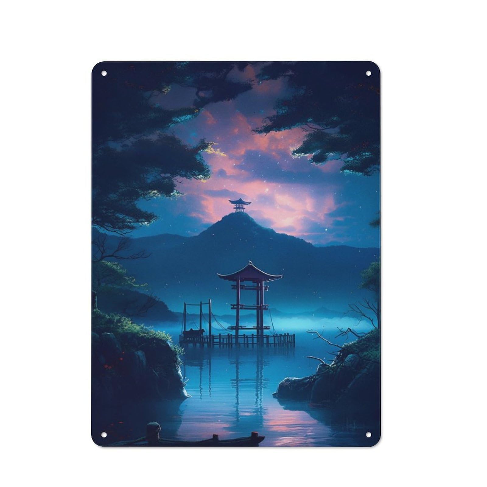 Junmoney Night In The Lake Decorative Metal Plaque With Design 40X30cm, Casual Utility Space Decor For Patio Bar, Workshop, Shed Or Kitchen