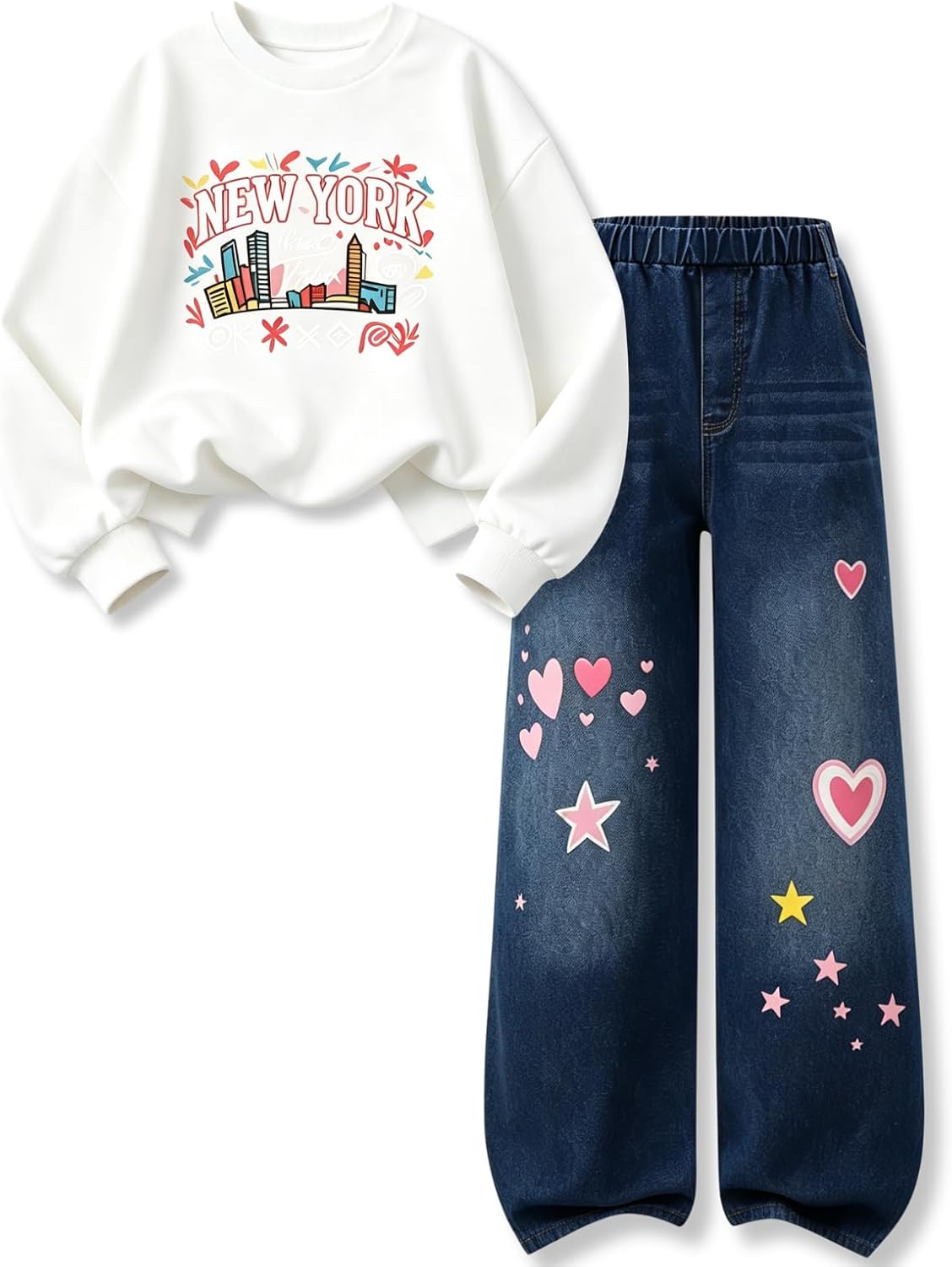 Size 7-14Y Girls 2 Piece Outfit Cropped Sweatshirt Wide Leg Jeans Pants Set