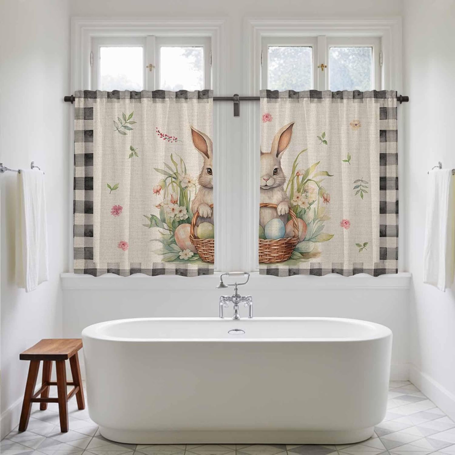 Easter Plaid Black,Kitchen Curtains 45 Inch Long 2 Panel Set,Rod Pocket Window Treatment,Easter Basket Bunny Eggs Spring Leaves Light Filtering Short Curtains & Drapes for Bathroom Laundry 52"W x 45"L