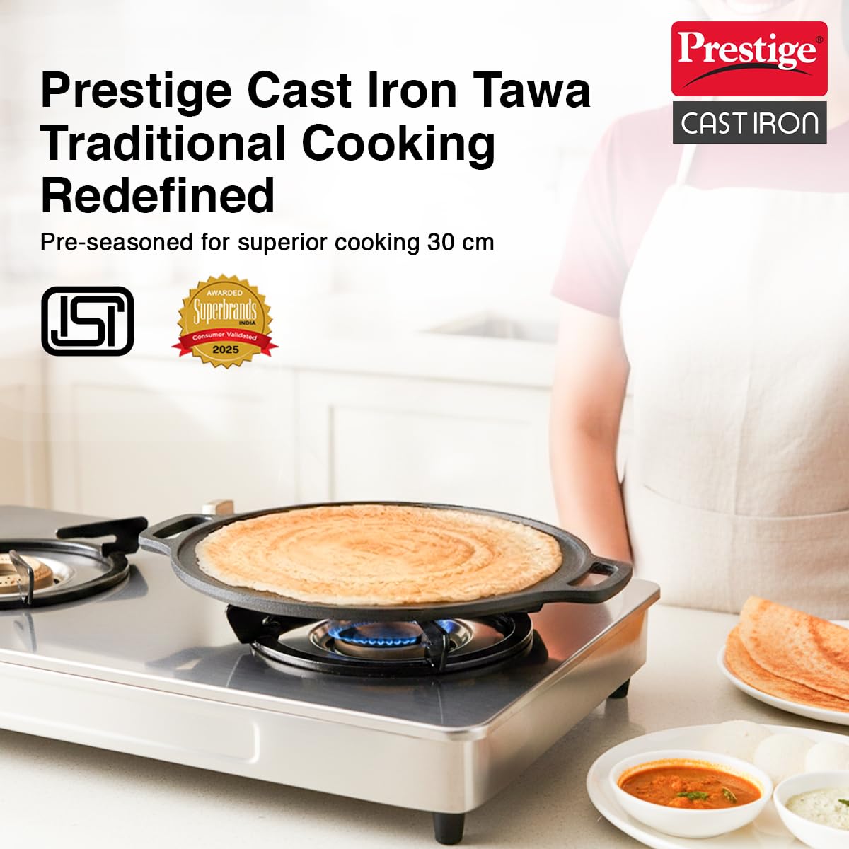 Prestige 30 cm Cast Iron Dosa Tawa|Super Durable(Lasts for Generation)|Retains Heat for Long|10 Years Warranty