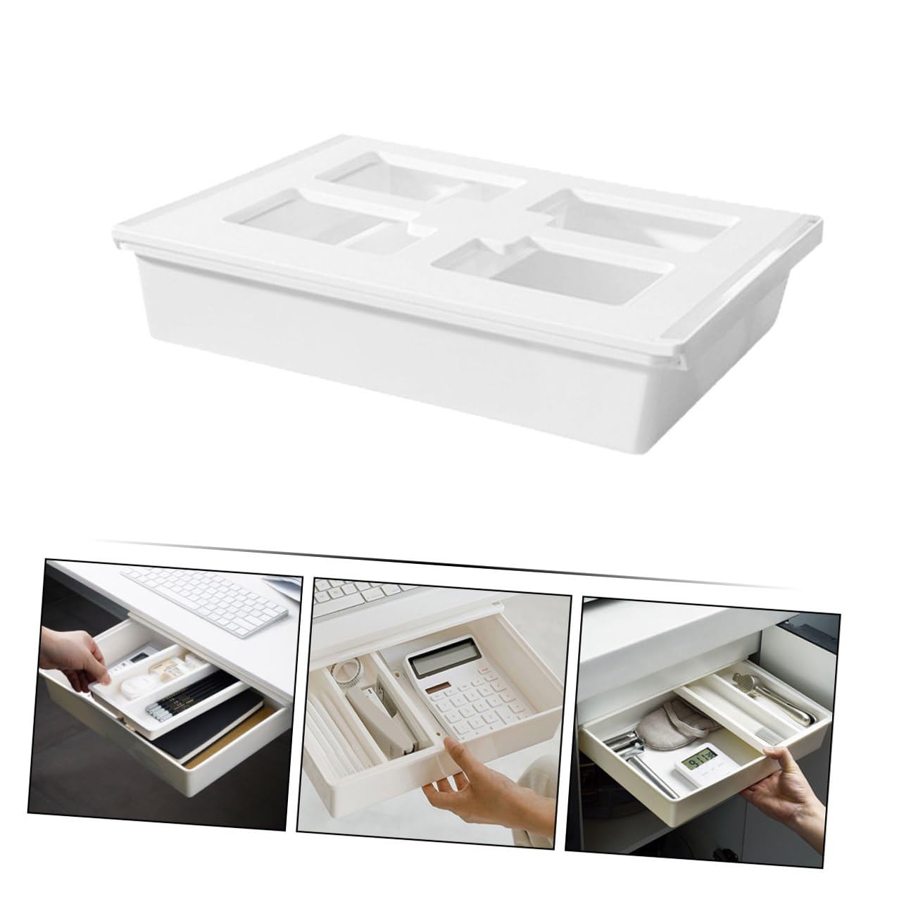 Scatola Porta Oggetti in Plastica Resistente Organizer per Sotto la Scrivania Salvaspazio per Articoli da Ufficio e Cancelleria