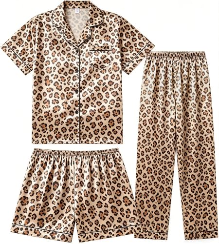 Image of 3 Piece Silk Satin Pajama Set for Women Soft Short Sleeve Button Down Pjs with Shorts Long Pants Sleepwear S-XXXL