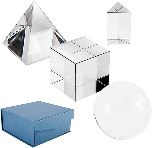 Toolly Paquete de 4 prismas de fotografía de cristal óptico K9, incluye bola de cristal de 1.969 in, cubo de cristal de 1.969 in, prisma triangular