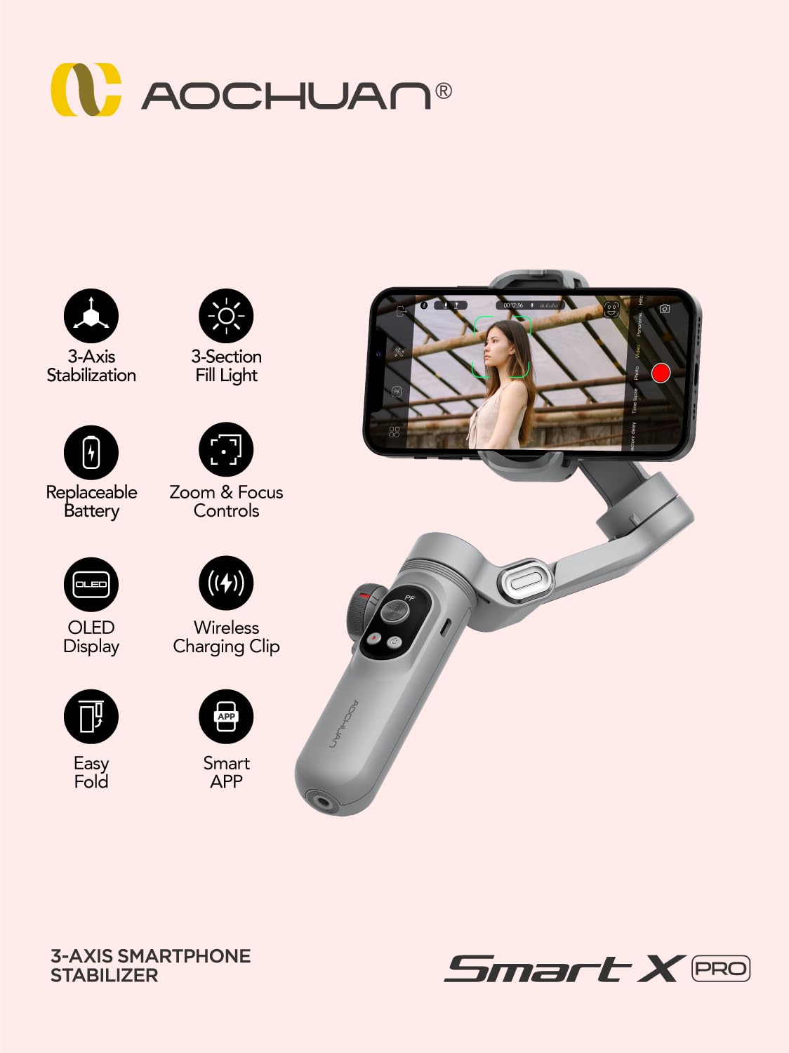 AOCHUAN Gimbal per iPhone con luce di riempimento magnetica RGB, Gimbal portatile a 3 assi con rotella di messa a fuoco/zoom per Vlog, compatibile con iPhone 15 Pro Max/Android-Smart X Pro Kit Grigio