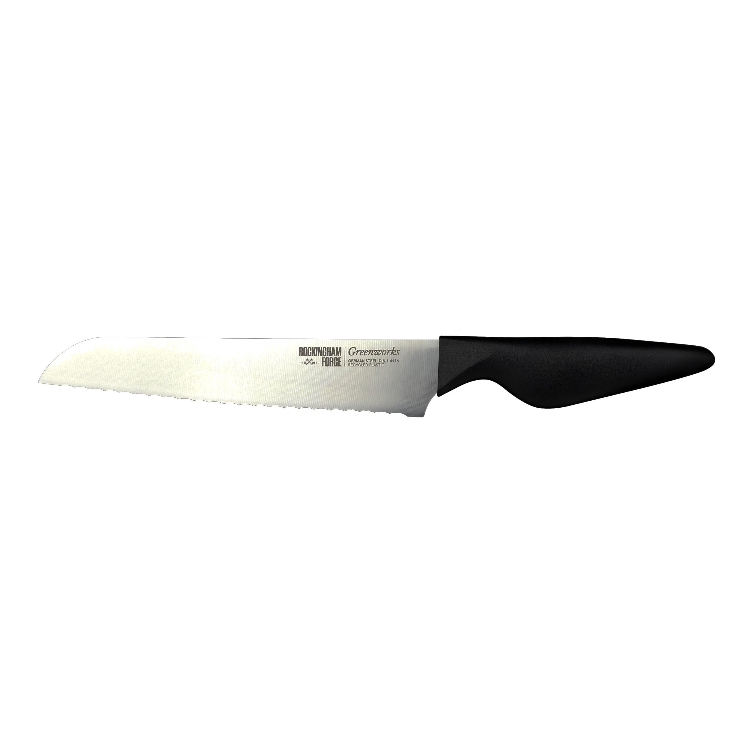 Rockingham Forge Greenworks Bread Knife 20cm Serrated Blade, Black Recycled Plastic, German Stainless Steel, Dishwasher Safe