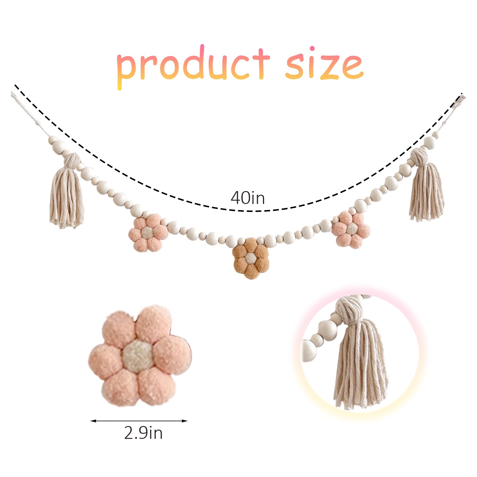 TTFdacai 1 Pcs Boho Tassel Garland with Wooden Beads, Daisy Wooden Tassel Garland Decor for Farmhouse Wall Classroom Daisy Birthday Party Banner Baby Shower Decoration