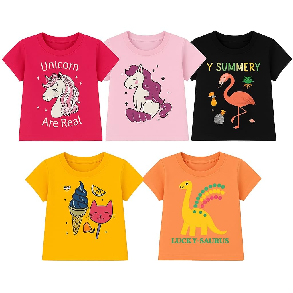 Sabari Knits Girls Cute Printed Cotton T-Shirt Pack of 5 | Short Sleeve Round Neck | Soft & Breathable Casual Wear | Kids 6 Months-5 Years-image-20
