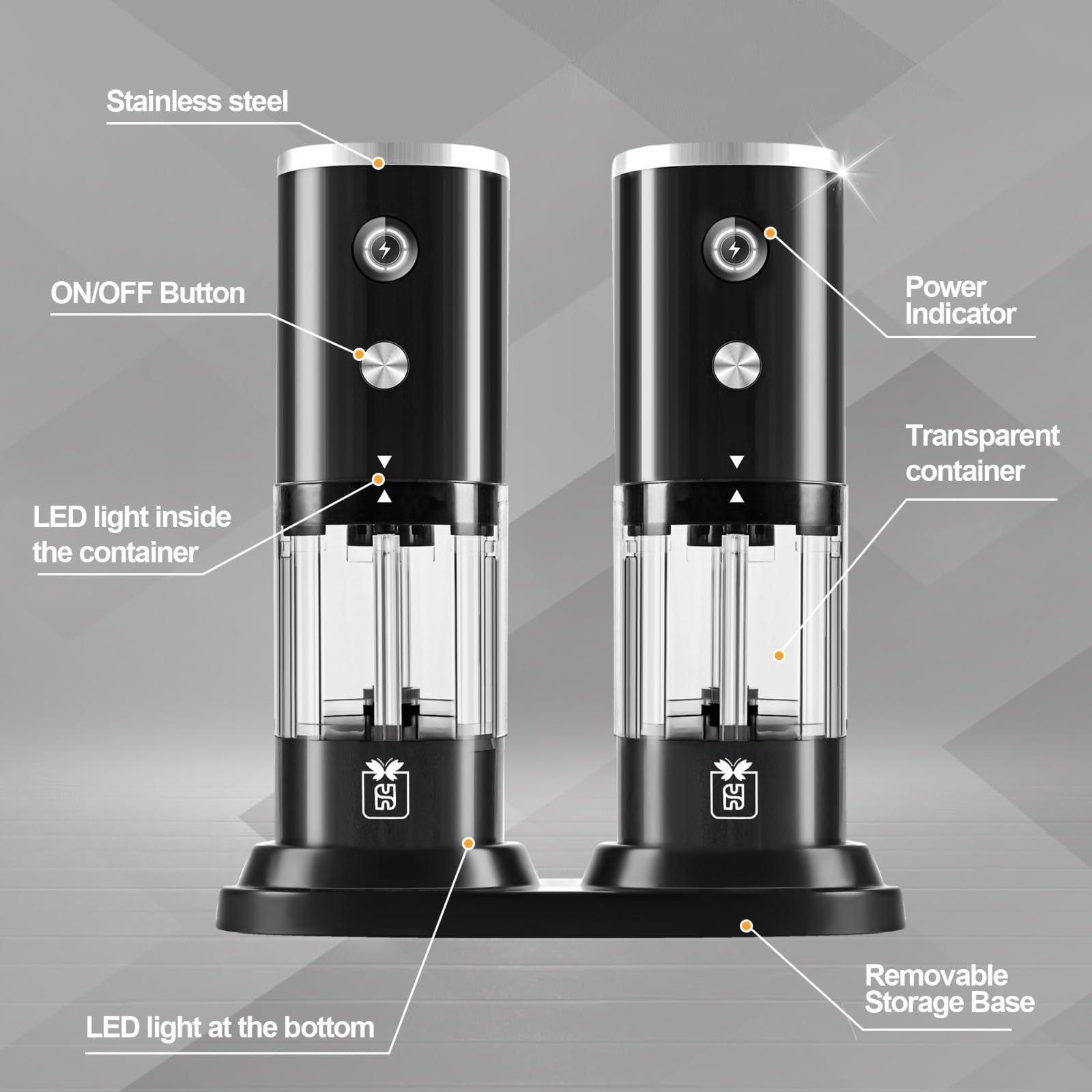 Electric Salt and Pepper Grinder Set – USB Rechargeable Electric Mills with LED Light, Adjustable Coarseness, One-Handed Operation, 2-Pack, 117.5ML Large Capacity (Black)