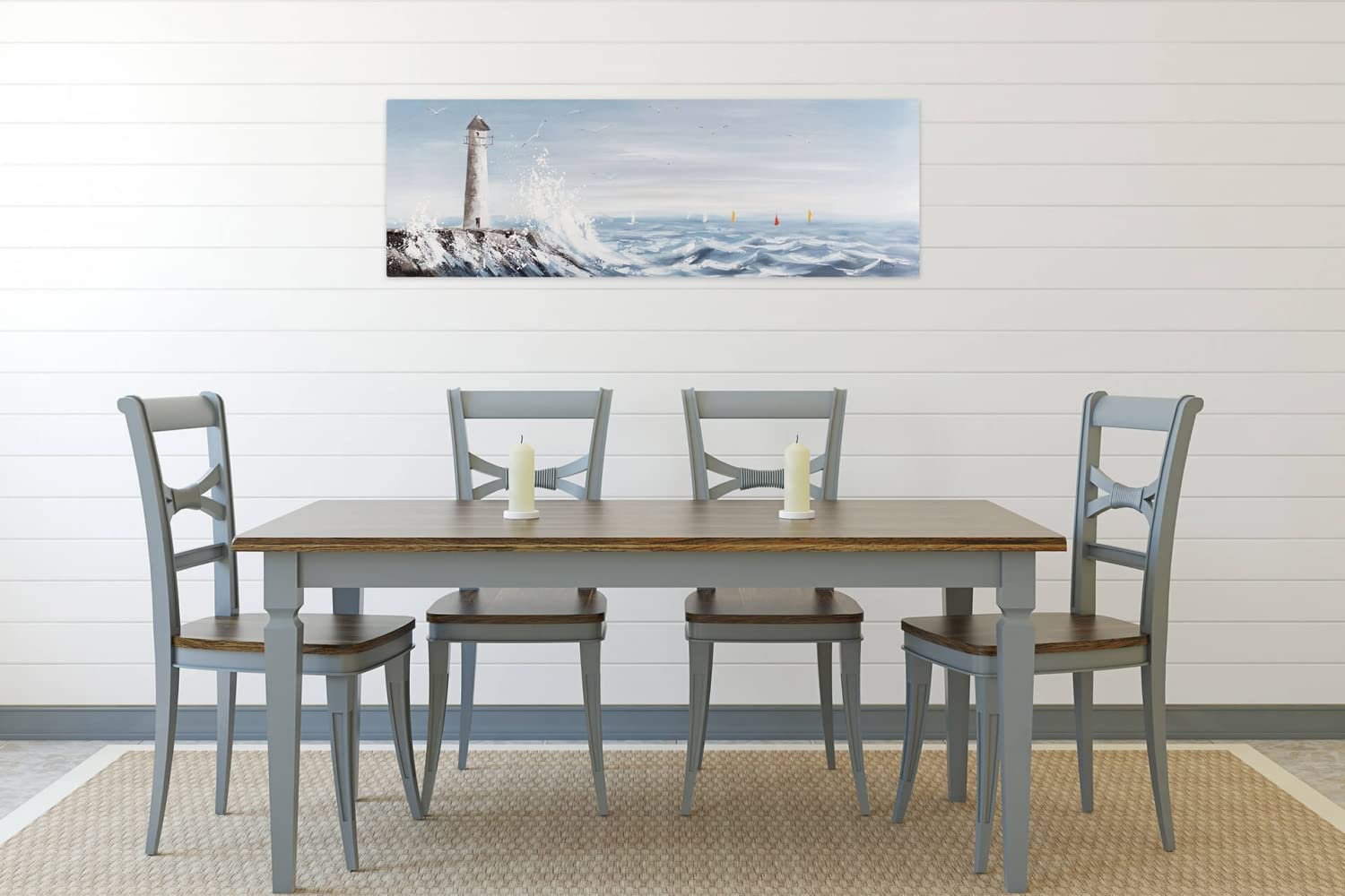 KunstLoft Tableau peinture moderne | 100% PEINT À LA MAIN | 150x50cm | Peinture sur toile 'Phare en vue' | Phare | Bleu Blanc | Deco murale salon