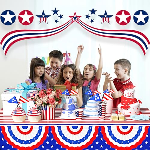 Image of 3 Pack Patriotic Tablecloth, Plastic Disposable 4th of July Tablecloth Independence Day Table Cover Patriotic Themed Party Supplies for Outside, Picnic, Memorial, 108in x 54in