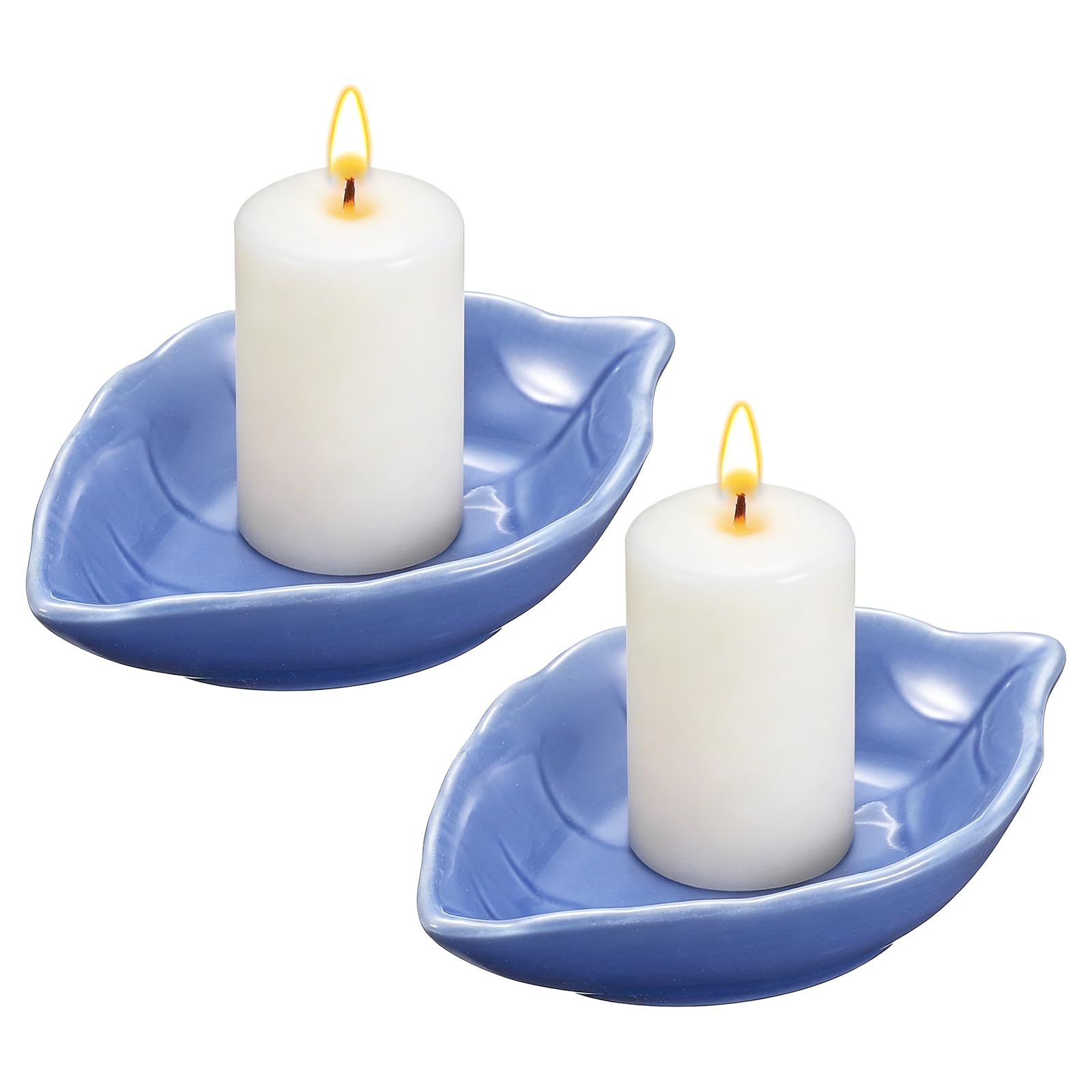 sourcing map 2Pcs Ceramic Candle Holder Plates, 4.3 x 3'' Leaf Shaped Candlestick Holder Decorative Dish Small Candle Plate for Tea Light Aromatherapy Wedding Rustic Vintage Home, Changing Blue