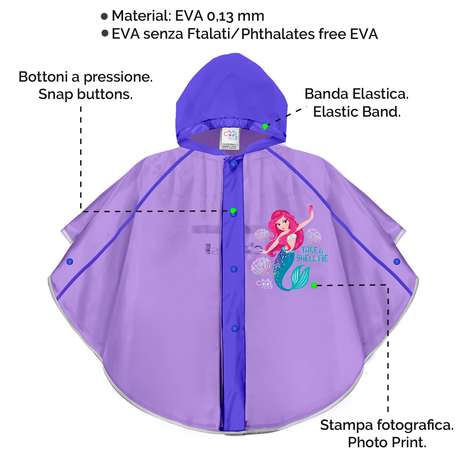 PERLETTI Chubasquero Niñas 3 4 5 6 Años con Sirena - Poncho Impermeable Infantiles con Capucha Rosa Botones a Presión - Ropa de Agua Niña Detalles Reflectantes Little Mermaid