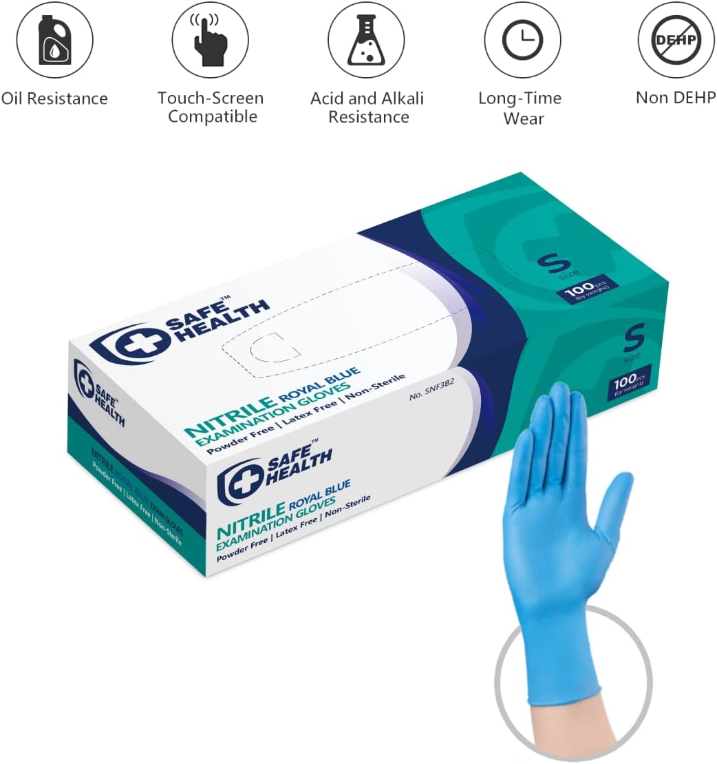 SAFE HEALTH Blue Nitrile Exam Gloves-Small | 3.5 Mil Box of 100 | Powder-Free Latex-Free | Finger Textured-Disposable-Medical Grade | Food-Tattoo-Nursing-Cleaning : Tools & Home Improvement