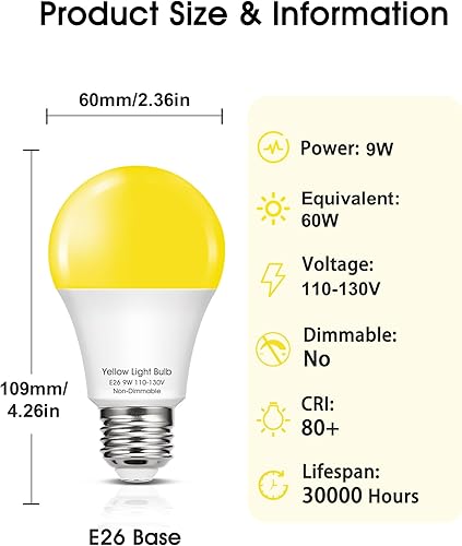 Miniatura 7 de Bombillas LED amarillas para insectos en el exterior, bombilla LED amarilla A19 para exteriores, equivalente a 60 W, luces amarillas ámbar de 9 W,