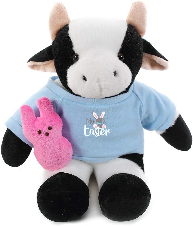 Plushland 1ST Easter Stuffed Animal with Bunny Carrot Soft Lovely Realistic Sitting Plush Toys Personalized Gift - Custom Text on Shirt 12 Inches (Cow Blue)