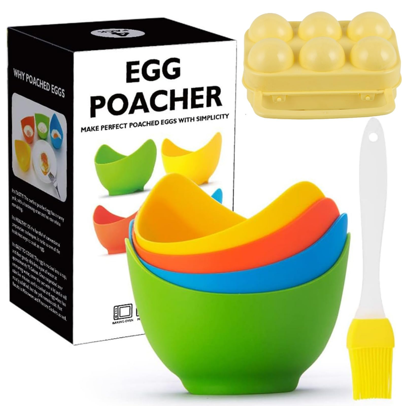 SILICONE EGG POACHER CUPS – POACHED EGG with RING STANDERS and 6PCS EGG STORAGE – NONSTICK EGG POUCHING CUPS FOR MICROWAVE – NONSTICK EGG MOLDER