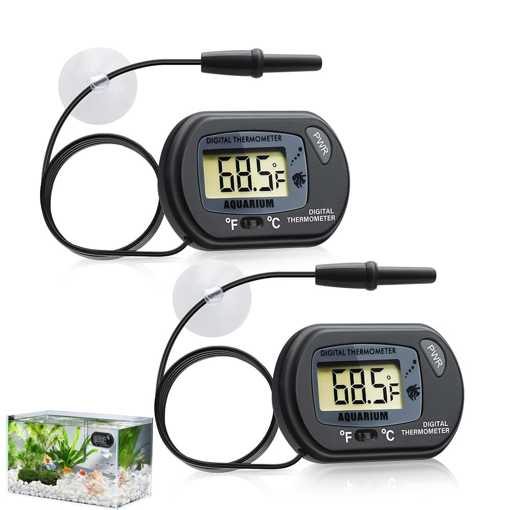 2 Pack Digital Aquarium Thermometer, Submersible Probe & Suction Cup, Large LCD Water Temperature Gauge for Reptile Vivarium Terrarium, Incubator Fridge (-50°C to 70°C)