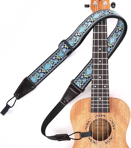 Correa para ukelele sin taladro, clip de gancho doble ajustable en J en la correa de hombro para ukelele, Jacquard Flores Azules
