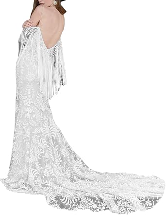 Boho Wedding Dess with Tassels Mermaid Lace Sweetheart Spaghetti Straps Beach Wedding Dresses